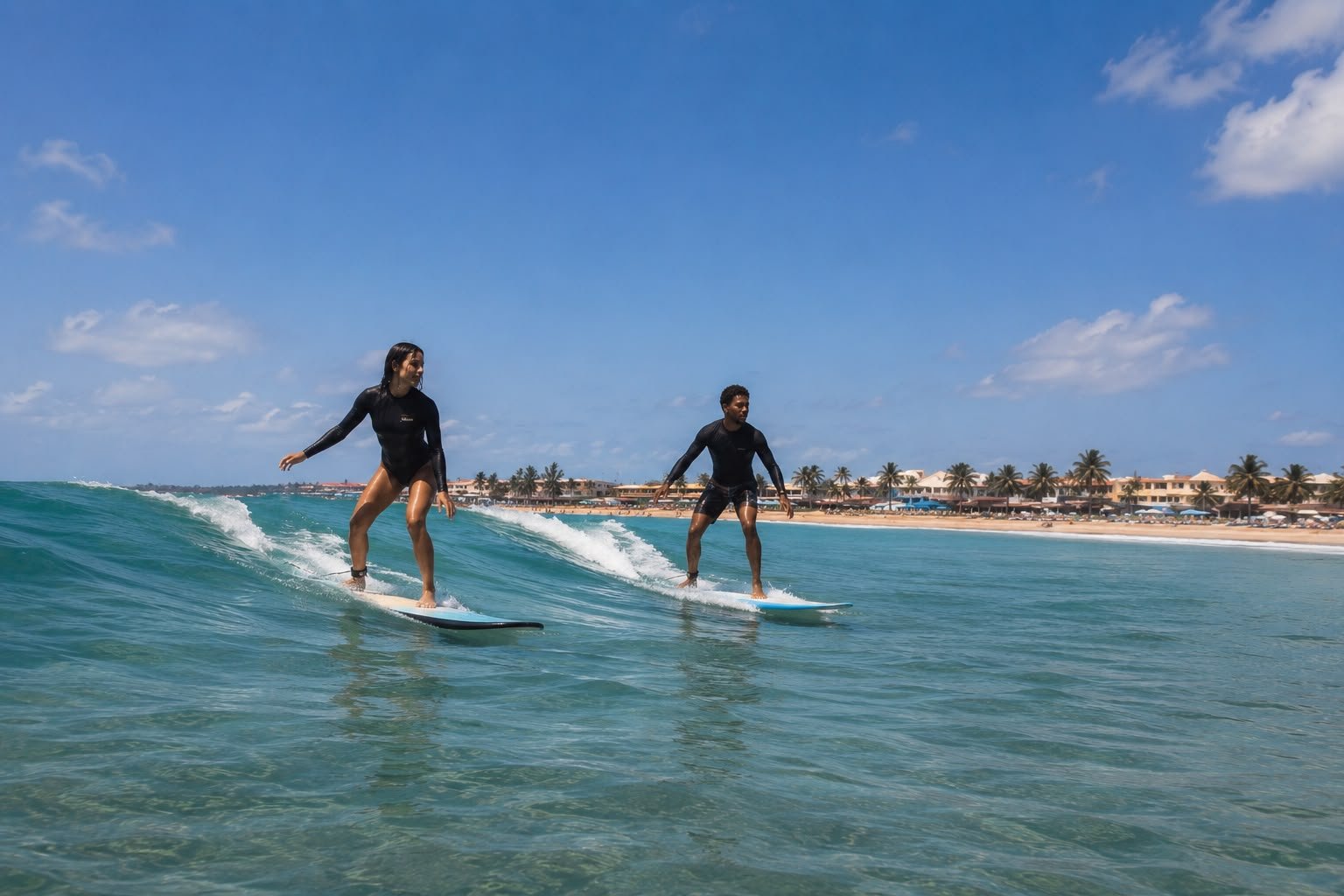 Due surfisti sulla stessa onda a Santa Maria